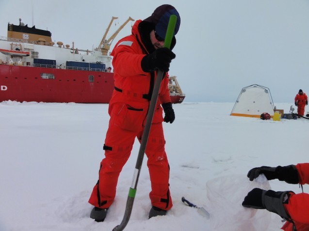 Tim Kenna collecting a snow sample. The sample area is generally 1 or 2 square meters and collected down to the ice. (Photo B. Schmoker)