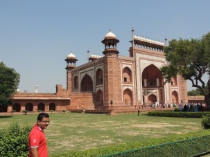 The massive South Gate entrance to the Taj Mahal complex.