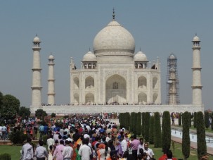The Taj Mahal. You can see its enormous size from the line of people waiting to get inside standing on the pedestal. The line completely circled the tomb on this holiday weekend.