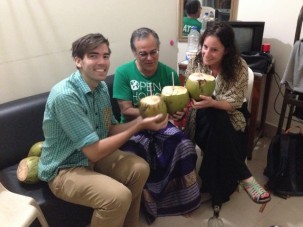 Matt, Céline and myself in a lungi toast the successful OSL sampling with green cocoanut water.