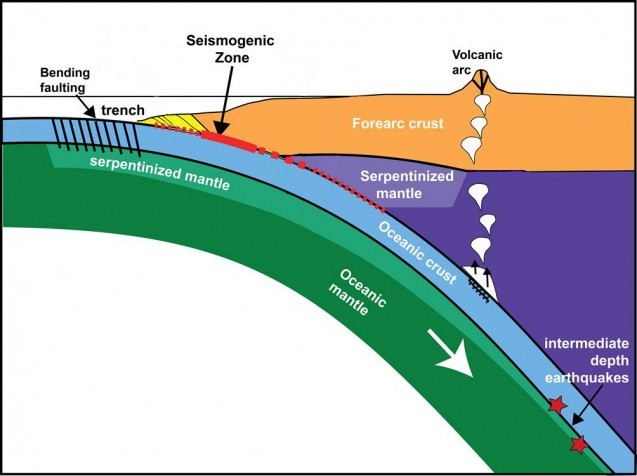 Off the Alaska Peninsula, the Pacific tectonic plate is bending beneath the North American plate. As it bends, ancient faults in certain areas are moving again and contributing to earthquakes in two ways, a new study shows. (Shillington, modified from Oleskevich et al., 1999)