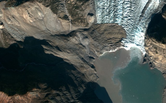 A 200 million ton landslide landed on the toe of Tyndall Glacier and in the water of Taan Fiord on Oct. 17 local time in Icy Bay, Alaska. It was detected by seismologists on the other side of the country. (NSF Polar Geospatial Center)