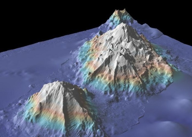 Sea mounts near the Hawaiian Islands, from the Marine Geoscience Data System. Images of the mountains and nearby seafloor are derived from sonar readings taken by research ships; the less sharp areas around them are from satellite readings.