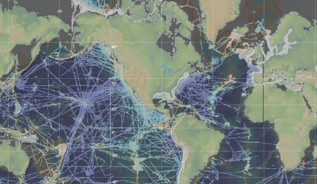 A map showing the tracks of research vessels where more detailed imagery of the seafloor is available. From the Marine Geoscience Data System site.