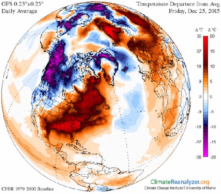 Temperature departure from average for Dec. 25, 2015. Note the swath of red colors across the eastern U.S. indicating much warmer than average temperatures. From University of Maine’s Climate Change Institute.