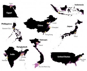Even in the scenario with the least impact, several megacities will largely become submerged over time. From Clark, et al. 2016