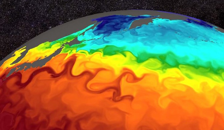 A computer simulation from 2016 Sloan Fellow Ryan Abernathey shows eddies forming in mesoscale turbulence. 