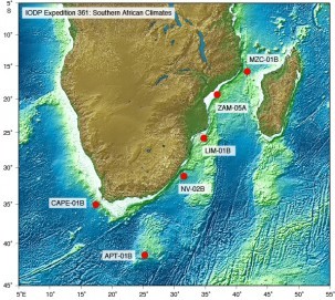 Expedition 361's coring sites. APT is the Agulhas Plateau. NV is the Natal Valley.