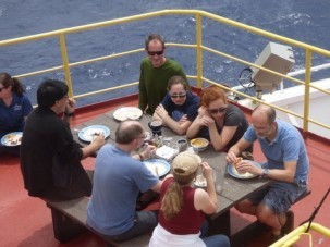 Barbecue on the JOIDES Resolution's &quot;steel beach.&quot; Photo: IODP