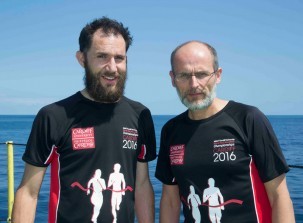 Stratigraphic Correlator Steve Barker and Co-Chief Scientist Ian Hall, both from Cardiff University, prepare to participate in the &lt;a href=&quot;http://www.cardiffhalfmarathon.co.uk/&quot;&gt;Cardiff Half Marathon&lt;/a&gt; to raise money for a charity by running the distance aboard ship. Photo: Tim Fulton/IODP