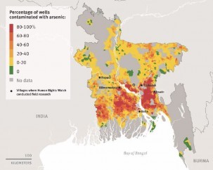 A 2009 map showing the percentage of wells per administrative union contaminated with arsenic at more than 50 micrograms per liter of water. Source: Department of Public Health Engineering and Japan International Cooperation Agency.