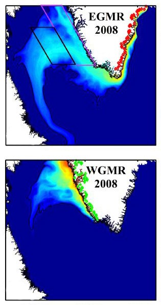 Tracers released in 2008 with meltwater runoff at the red and green dots show where meltwater flowed after leaving Greenland’s East (EGMR) and West (WGMR) coasts. Image: Luo et al., 2016