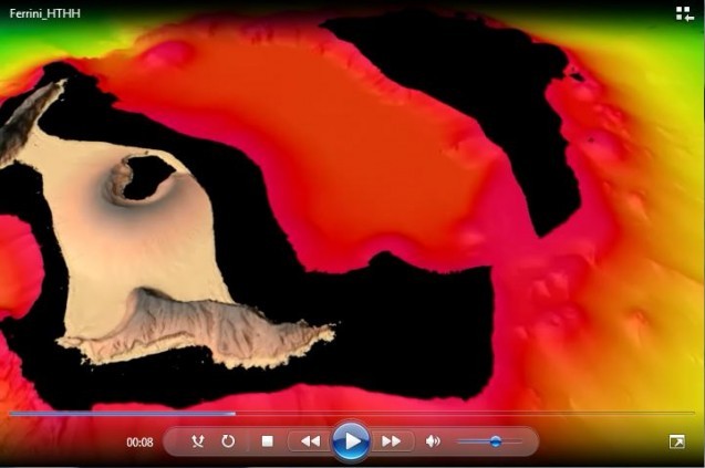 An animation created by Vicki Ferrini of the Lamont-Doherty Earth Observatory of the topography of a new island formed by an explosive volcano in the southwestern Pacific.