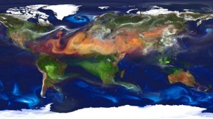 Red represents blowing dust in this simulation of global aerosols. (William Putman, NASA-GISS)