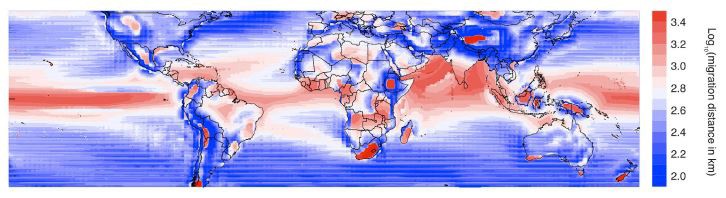 Logarithm of the minimum distance that an organism would have to travel to maintain the average temperature of its environment in a world 2 degrees Celsius warmer. From Hsiang and Sobel, 2016