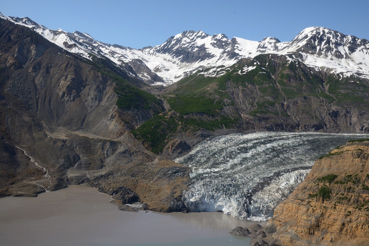 The landslide in Taan Fiord landed partly on the toe of Tyndall Glacier and largely in the water. Scientists are studying the geology and the shape of the fiord to better understand landslide and tsunami risks. Photo: Colin Stark