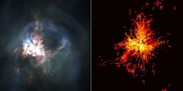 Modeling natural processes requires massive computer power. At the center of the distant Perseus cluster of galaxies sits a supermassive black hole driving the cyclic heating and cooling of gases. In the above simulation, hot gases emitting X-ray light (left) are juxtaposed against the cooling phase (right). It took a supercomputer 200 hours to produce this simulation. Image: Greg Bryan and Yuan Li/Department of Astronomy