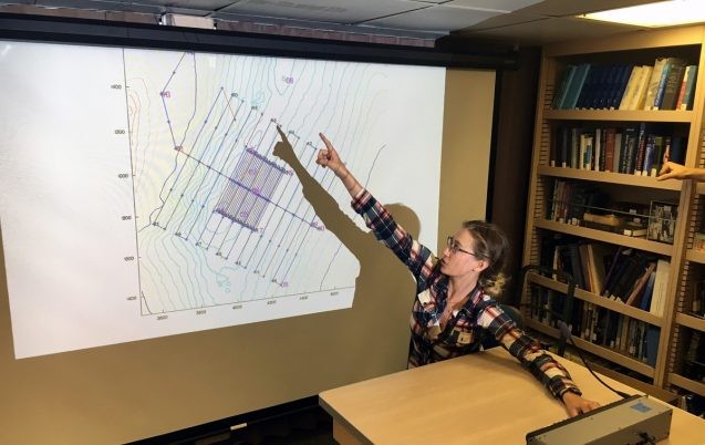 Lamont's Bridgit Boulahanis, <em>Sentry</em> Coordinator for the University-National Oceanographic Laboratory System (UNOLS) Deep-Submergence Science Leadership Cruise, gives a presentation aboard ship. <a href="http://blogs.ei.columbia.edu/2016/07/28/going-deep-for-science/"><em>Sentry</em> is a AUV</a> the team is using to explore the sea floor.