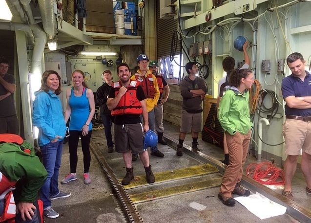 Rose Dufour talks with early career scientists and crew members. Photo courtesy of Dan Fornari