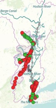 Hudson River tributaries tend to have more fecal contamination. Red dots show areas in tributaries where the water tested above safety limits in August 2016. Map: Riverkeeper