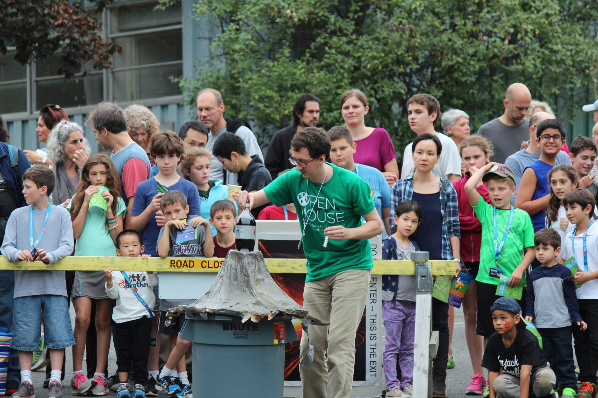 Grad student Daniel Rasmussen drew a big crowd for the volcano simulations. This one is a concoction of Mentos and Diet Coke. Open House 2016