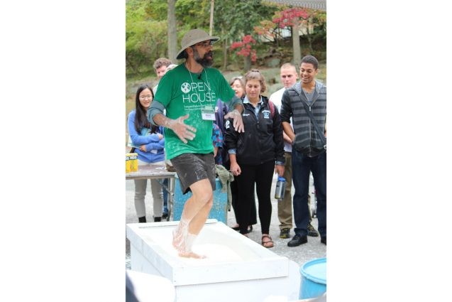Marc Spiegelman led another large crowd at Open House through a fan-favorite demonstration of how rocks inside the Earth can behave as liquid or solid. With quick movements, he could dance on the material, but when he stopped, he sank right in.