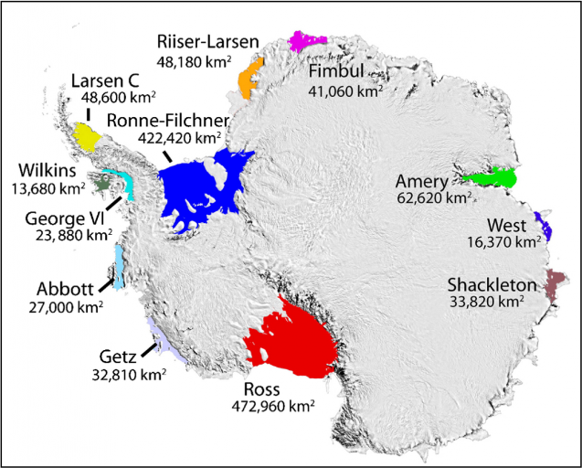 Image noting the location of some of the larger ice shelves around Antarctica (Image T. Scambos NSIDC)