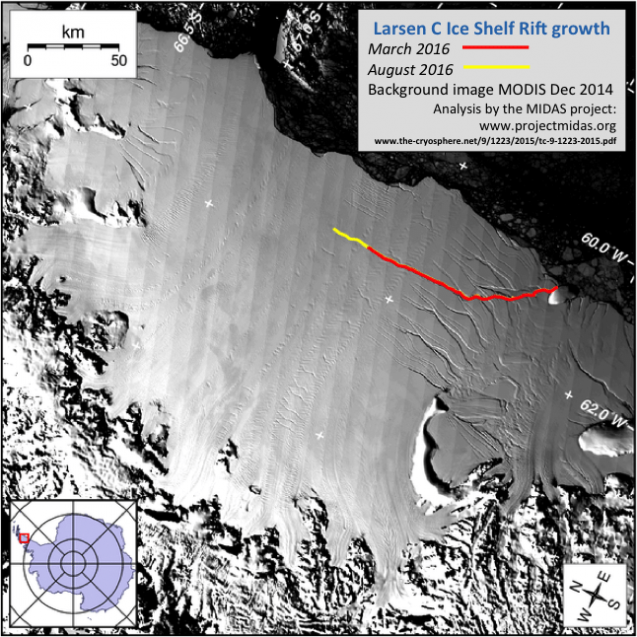 Larsen C and the crack that has developed mapped through time. (Modis imagery annotated by the MIDAS project.)