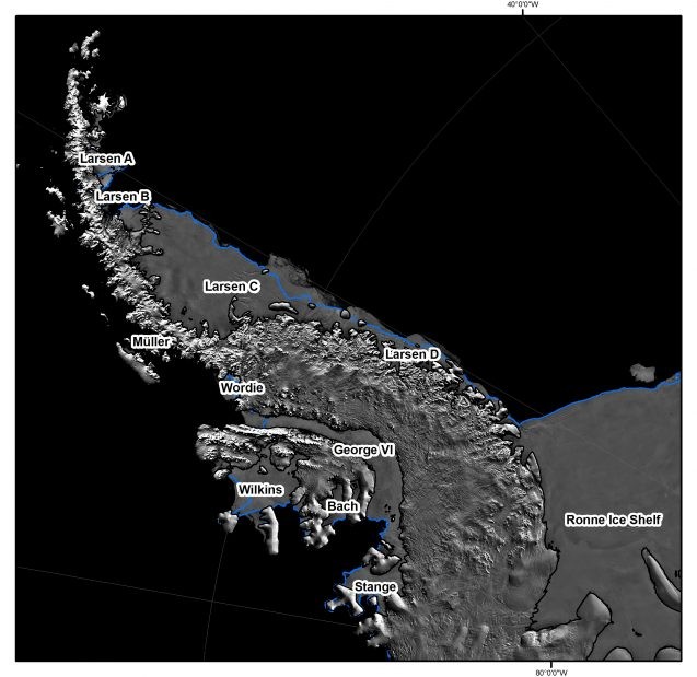Antarctic Peninsula ice shelves located on MODIS satellite imagery. (Source: AntarcticGlaciers.org)