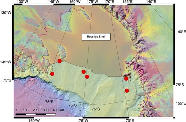 The red dots show locations where the team plans to deploy ALAMO floats in the Ross Sea.