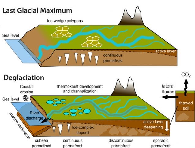 When frozen land thaws, the loss of ice in the soil creates landscapes that can be easily eroded. “This study suggests that similar processes occurred during past warming events with important implications for the land-to-ocean permafrost carbon fluxes,” says lead author Tommaso Tesi. Illustration: Tesi, et al. 2016