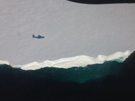 Alamo dropped, mission complete! An image of the shadow of the LC130 as it flies across the Ross Ice Shelf. (Photo by Fabio)