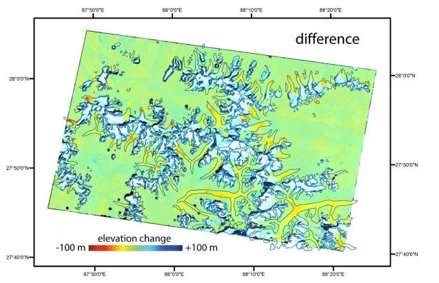 A comparison of images taken in 1974 and 2007 of the same region along the border between Nepal and Sikkim, India, reveal changes in the elevation of the region’s glaciers. Credit: Ali Corley