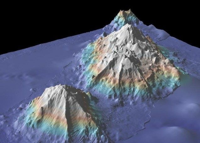 The Marine Geoscience Data System’s high-resolution images provide detailed views of sea mounts like these and other sections of the seafloor. About 8 percent of the seafloor has been mapped to 100-meter resolution like this. Source: GeoMapApp