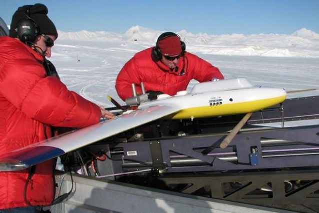 Christopher Zappa’s team prepares a fixed-wing drone for a flight to study Arctic sea ice off Svalbard, Norway. Photo: Christopher Zappa