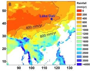 East Asian modern rainfall distribution. A doubling of rainfall during the Early and Middle Holocene (from 400 to 800 mm/year) requires an ∼400 km northward shift. Graphic from Goldsmith et al., PNAS 2017.