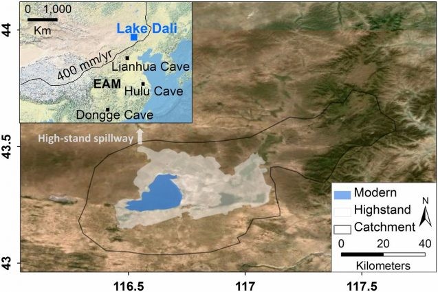 Modern and highstand extent and catchment of Lake Dali. Inset shows extent of the East Asia monsoon and the location of Lake Dali and Lianhua, Hulu and Dongge caves. Climate records from the caves were used in the study. Graphic: Goldsmith et al., PNAS 2017