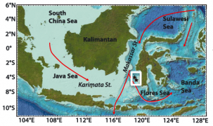 Location of Linsley et al.'s study sites in the Makassar Strait in relation to water depth and general flow vectors for the Indonesian Throughflow. Graphic: Linsley et al., Geophyscial Research Letters 2017.