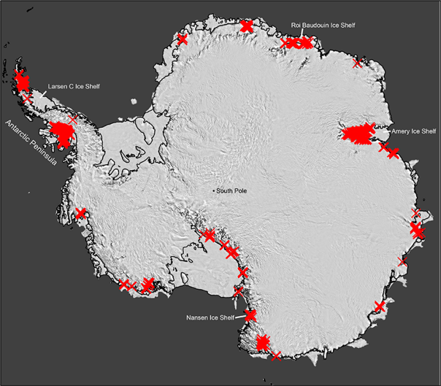 Scientists have discovered that seasonally flowing streams fringe much of Antarctica’s ice. Each red ‘X’ represents a separate drainage. Up to now, such features were thought to exist mainly on the far northerly Antarctic Peninsula (upper left). Their widespread presence signals that the ice may be more vulnerable to melting than previously thought. (Adapted from Kingslake et al., Nature 2017)