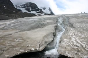 The darkened ice of the Athabasca Glacier in Canada