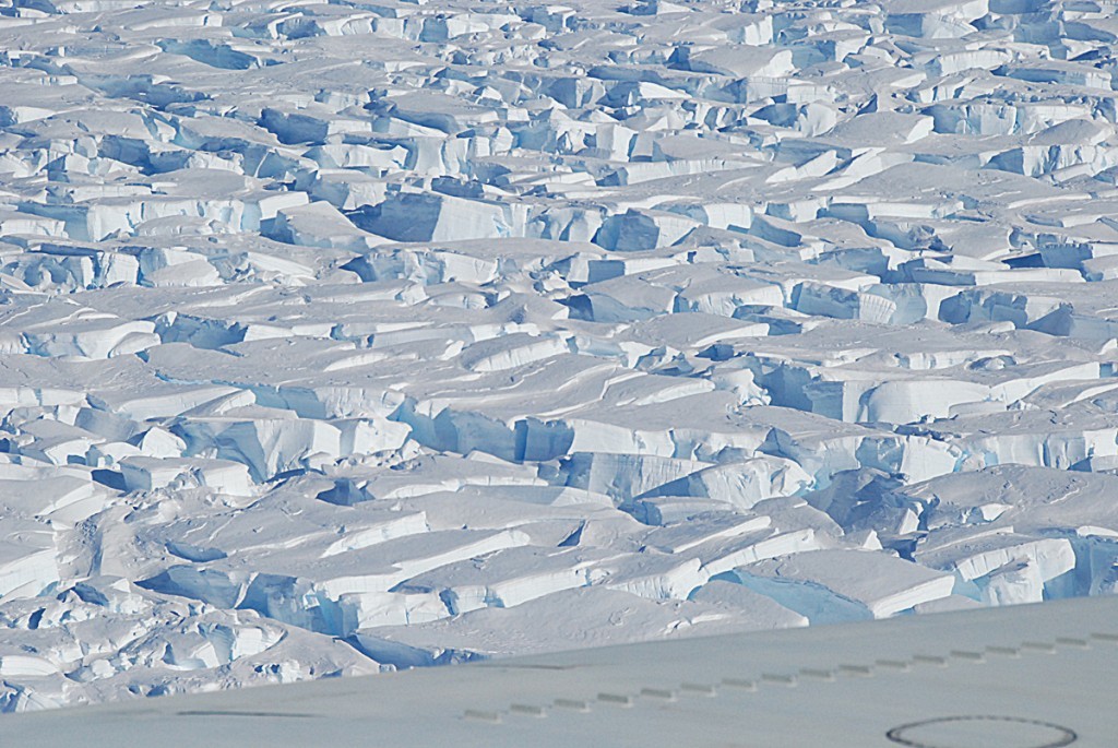 Pine Island Glacier, heavily crevassed. Measurements are best collected from a low-flying plane or satellites because traveling over the surface is so difficult.