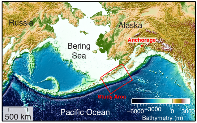 The discovery was made near the end of the Alaska Peninsula. A tsunami from here could reach many land areas across the Pacific. (Anne Becel)