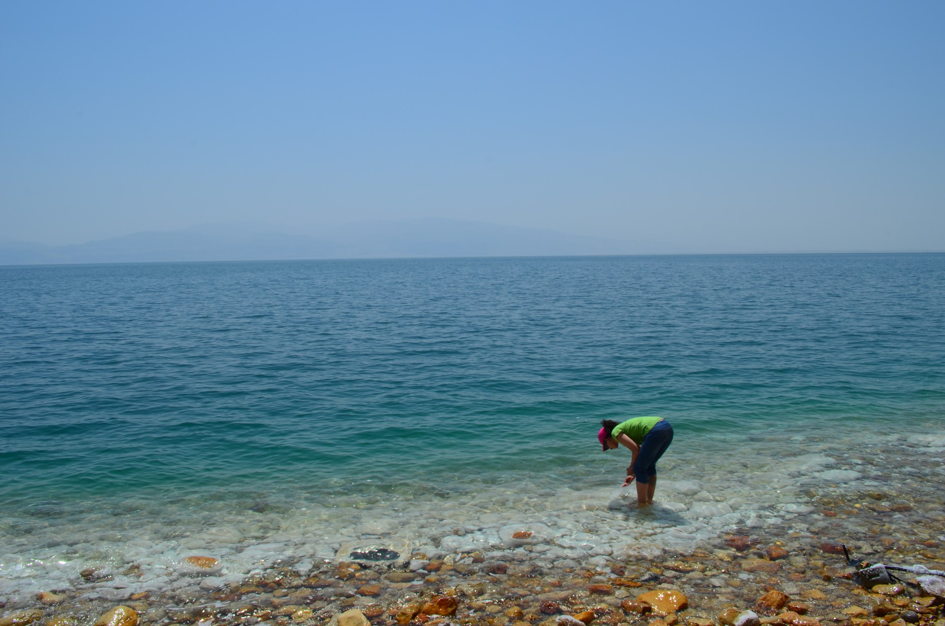 Lamont geochemist Yael Kiro samples salt deposits forming on the Dead Sea shore. (All photos: Kevin Krajick)