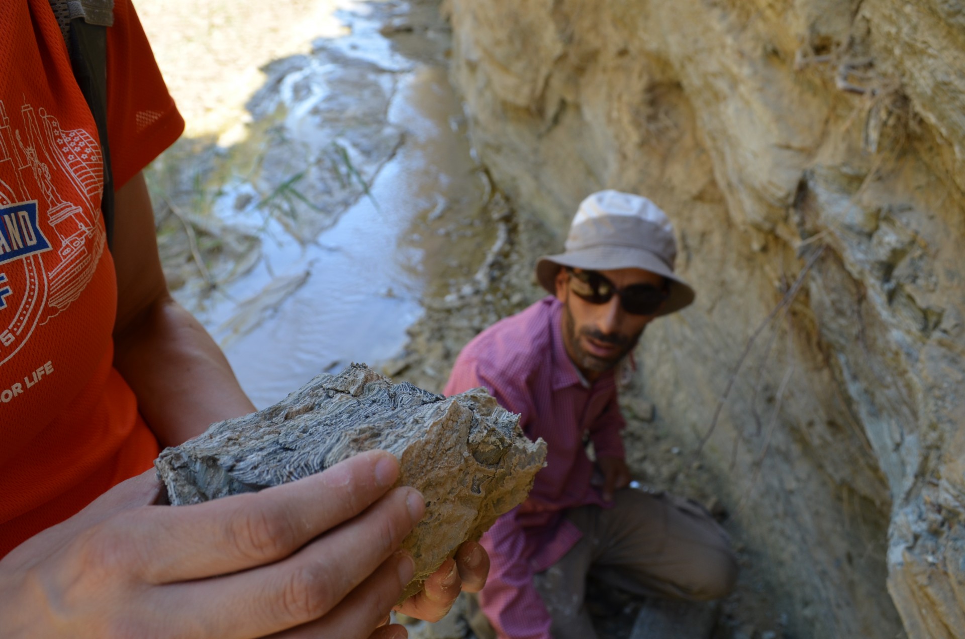 Raggad and Kiro check out the walls of a newly carved-out canyon. Cross-border collaboration between Israeli and Jordanian researchers is unusual; the scientists hope to make it less so.