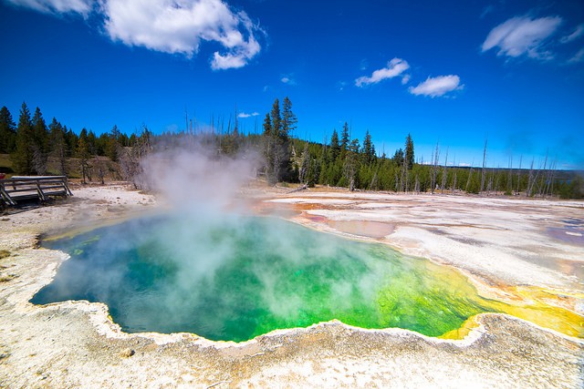 yellowstone caldera in blue, green, and yellow