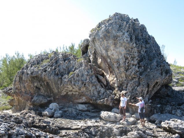 Researchers at the 925-ton boulder called "the bull." (Elisa Casella)