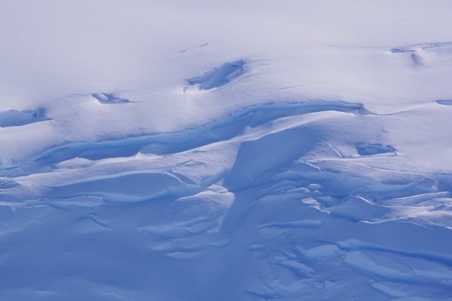 Close up view showing the strain in the ice as it is pulled by changes in flow speed. photo S. Howard