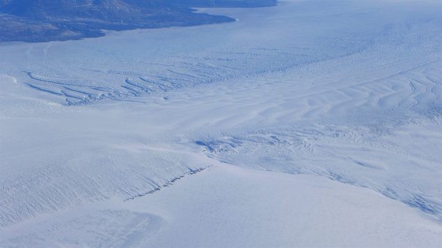 Several different types of crevassing are visible in this image including transverse crevasses, as ice flow from different areas collides. photo M. Wearing