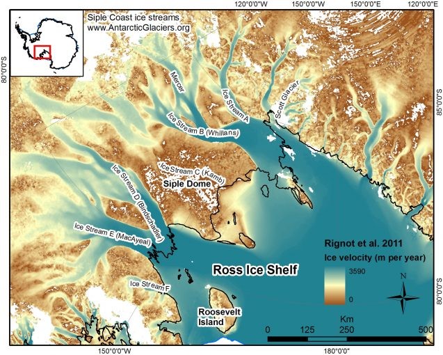 Ice streams A, B, C, D and E flowing in from West Antarctica. Image from Rignot et al, 2011