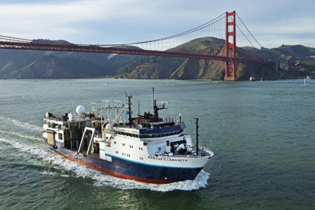 R/V Langseth ship passing under Golden Gate bridge